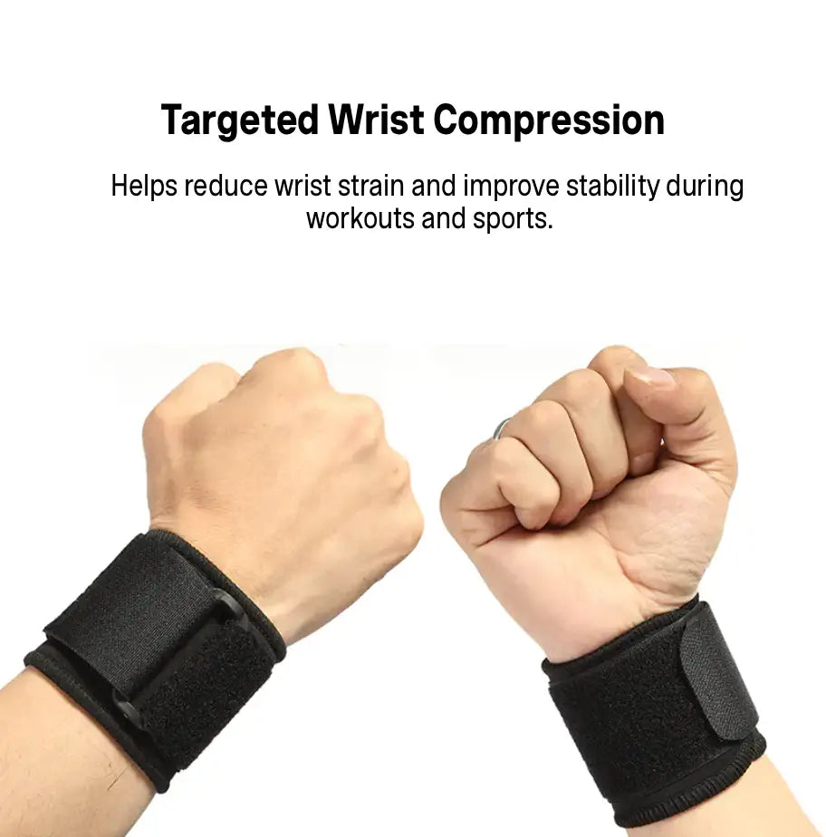 Two wrists wearing black wrist compression straps with text about reducing wrist strain.