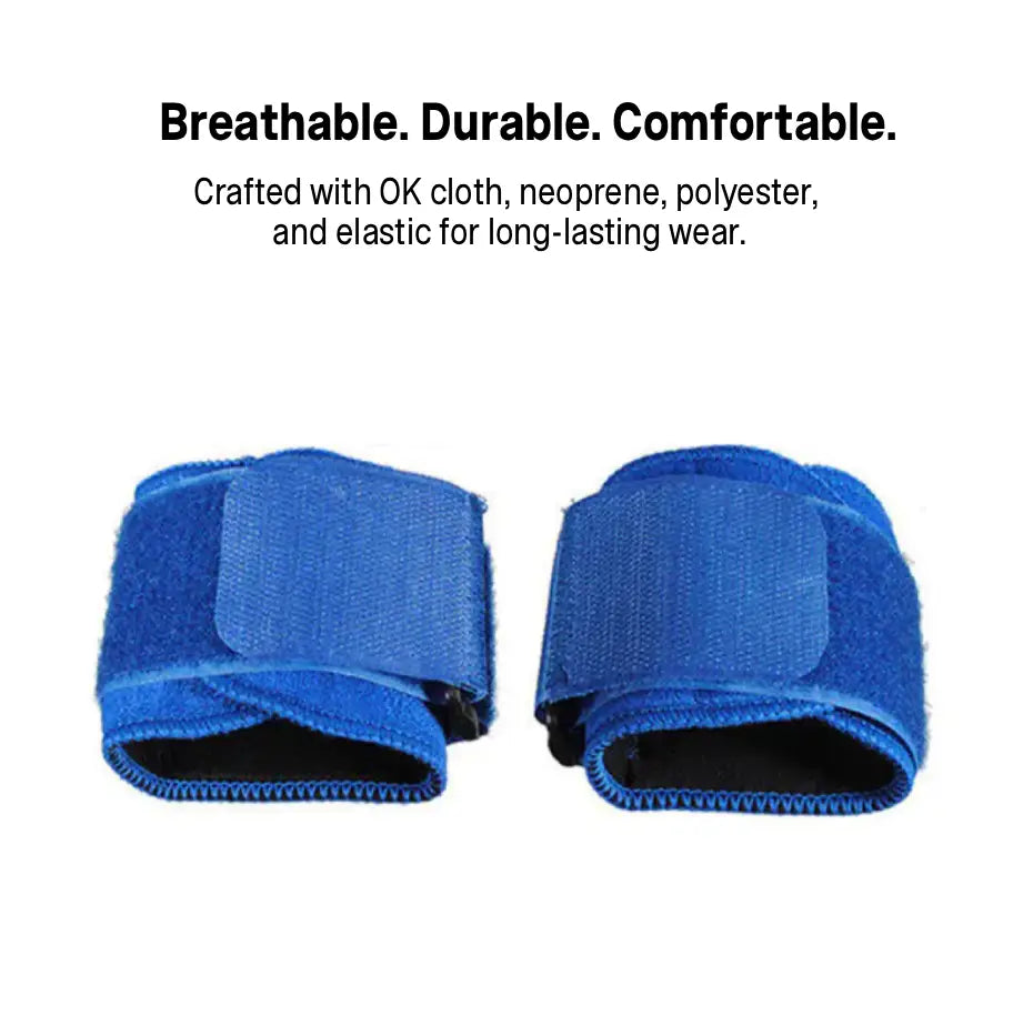 Pair of blue wrist wraps on a white background with text about material composition.