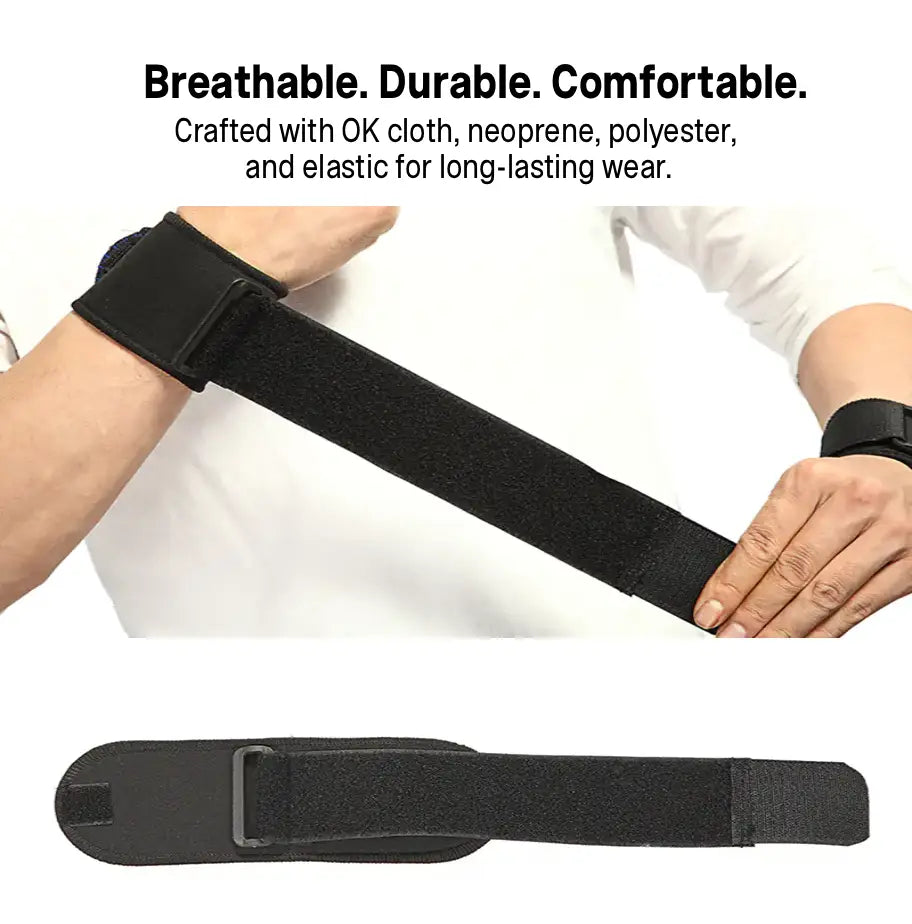 Black belt being worn and displayed with text about material composition on a white background