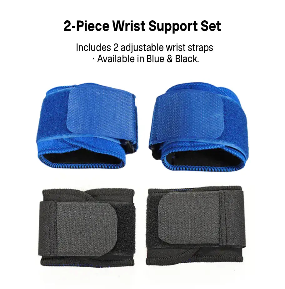 Two blue and two black wrist support straps on a white background with text indicating they are part of a 2-piece set.