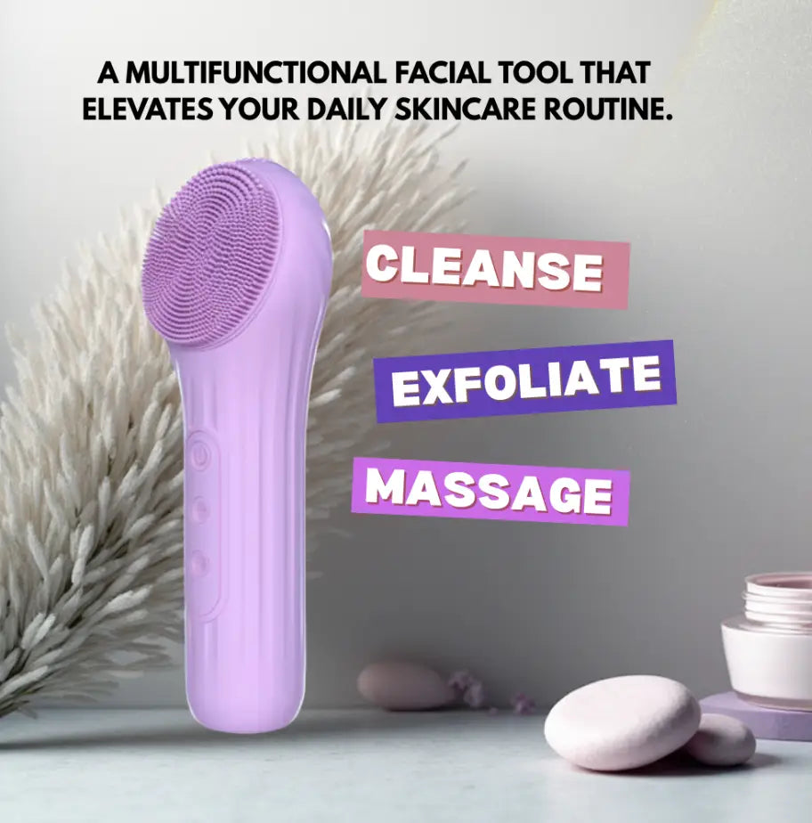 Purple facial cleansing brush with text on a neutral background