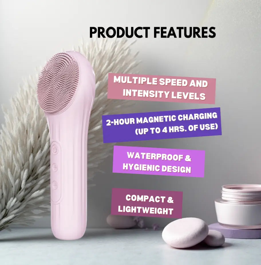 Pink electronic device with product features listed on a light gray background