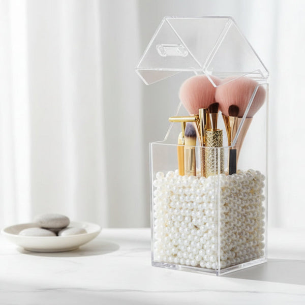 GlamLuxeX™ Transparent Acrylic Makeup Brush Storage Bucket – Dustproof Flip Cover Organizer with Colorful Pearls for Vanity & Cosmetic Brushes - ChicstyleX