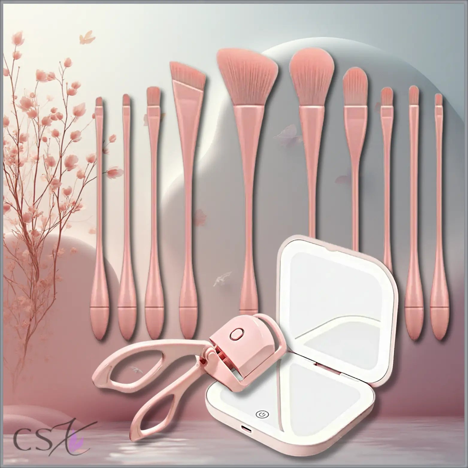 ChicSetX™ Pretty & Glam Trio | 10-Piece Pink Makeup Brush Set + Compact LED Makeup Mirror + Electric Eyelash Curler Bundle  Sets & Bundles ChicstyleX.