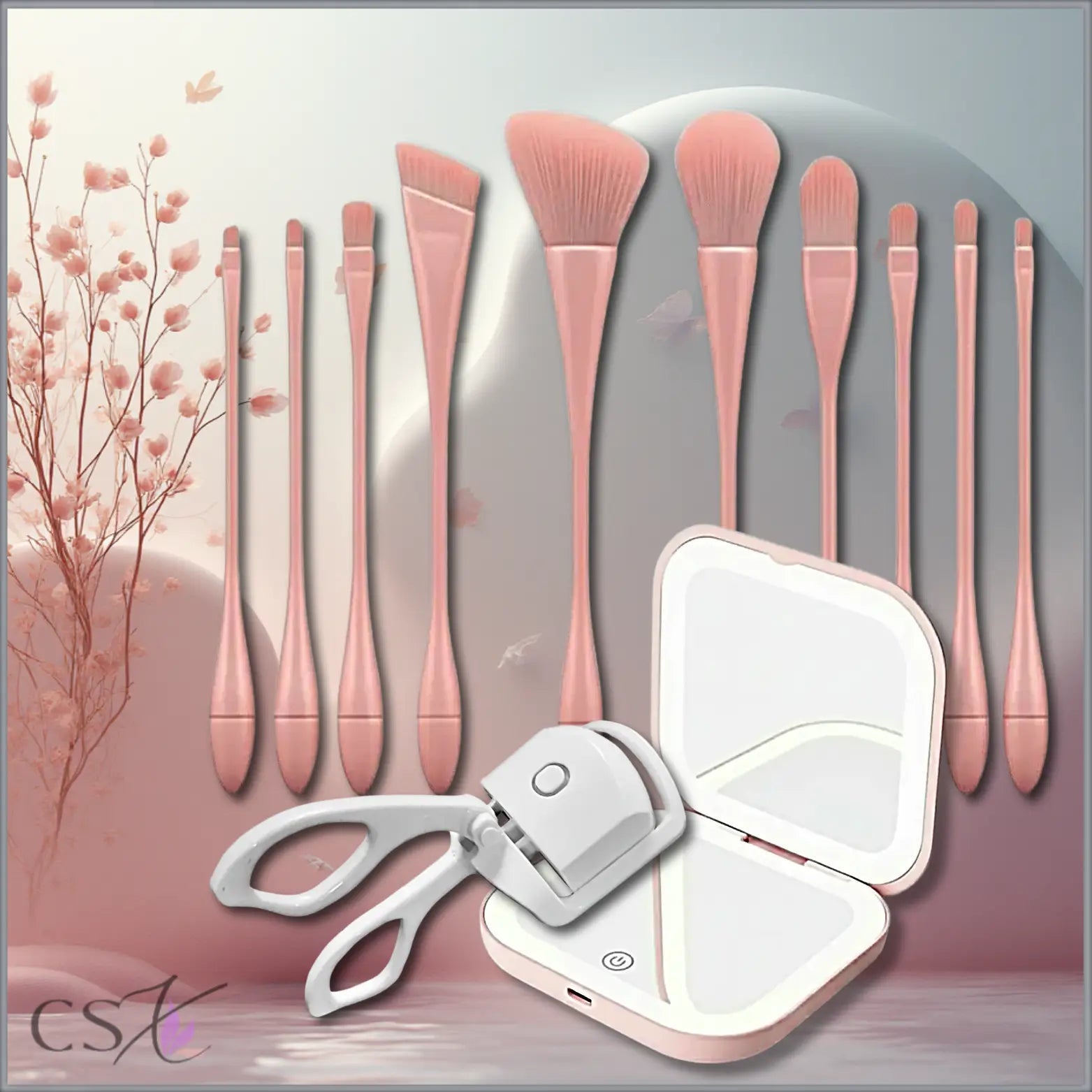 ChicSetX™ Pretty & Glam Trio | 10-Piece Pink Makeup Brush Set + Compact LED Makeup Mirror + Electric Eyelash Curler Bundle  Sets & Bundles ChicstyleX.