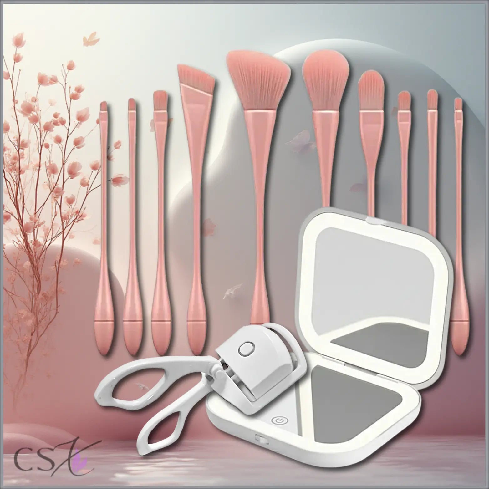 ChicSetX™ Pretty & Glam Trio | 10-Piece Pink Makeup Brush Set + Compact LED Makeup Mirror + Electric Eyelash Curler Bundle  Sets & Bundles ChicstyleX.