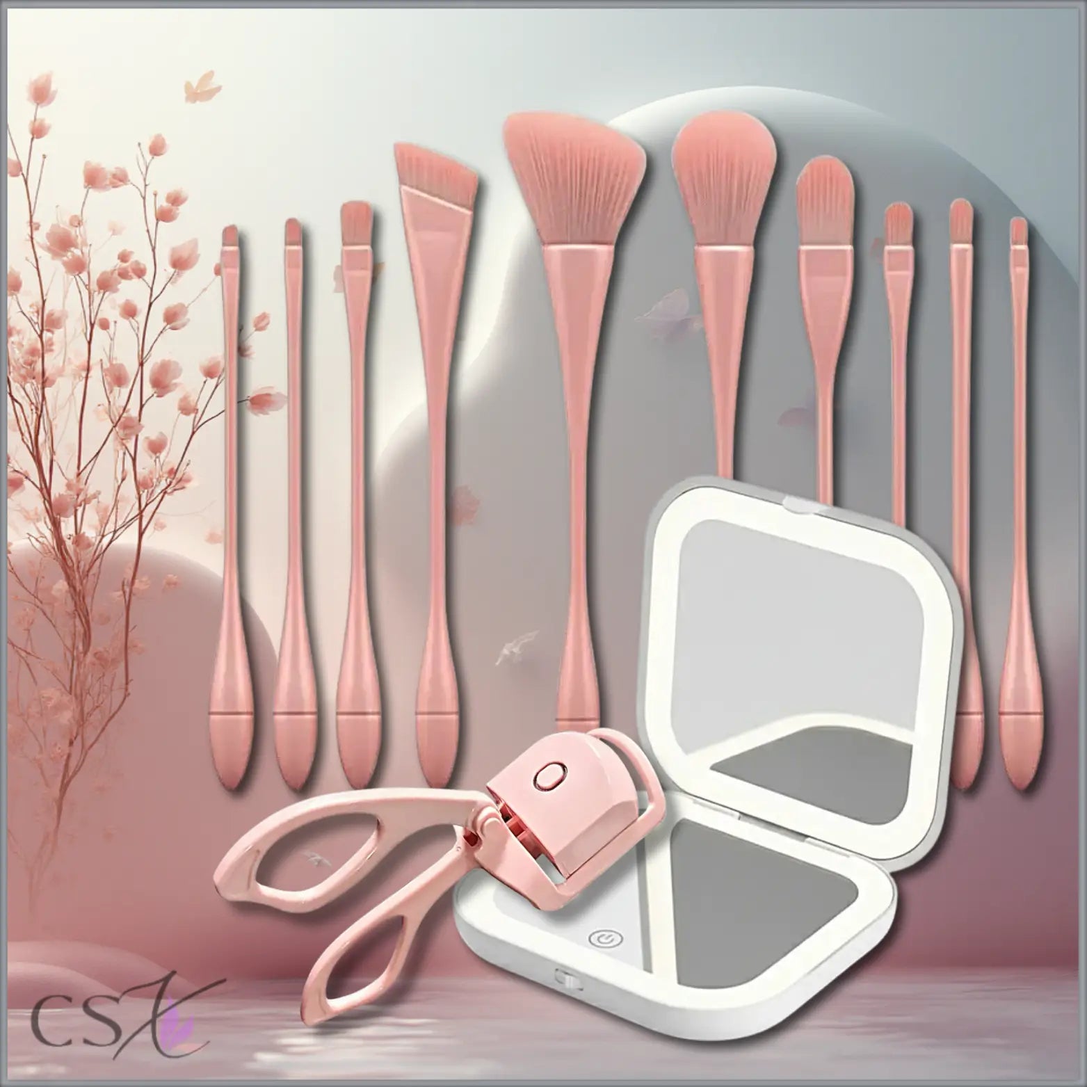 ChicSetX™ Pretty & Glam Trio | 10-Piece Pink Makeup Brush Set + Compact LED Makeup Mirror + Electric Eyelash Curler Bundle  Sets & Bundles ChicstyleX.