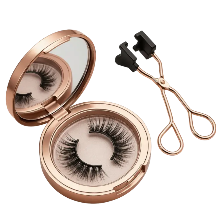 False eyelashes in a compact case with an eyelash applicator on a white background