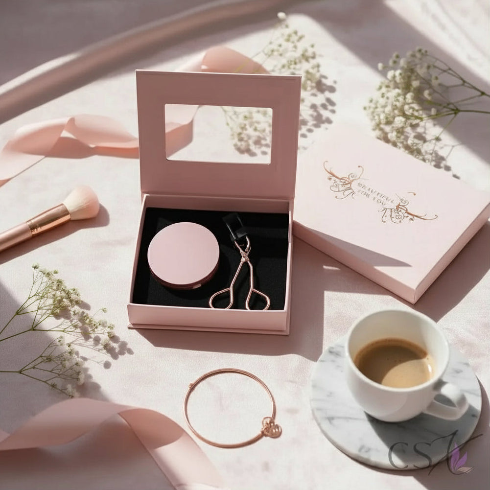 Pink cosmetic set with a cup of coffee on a marble surface