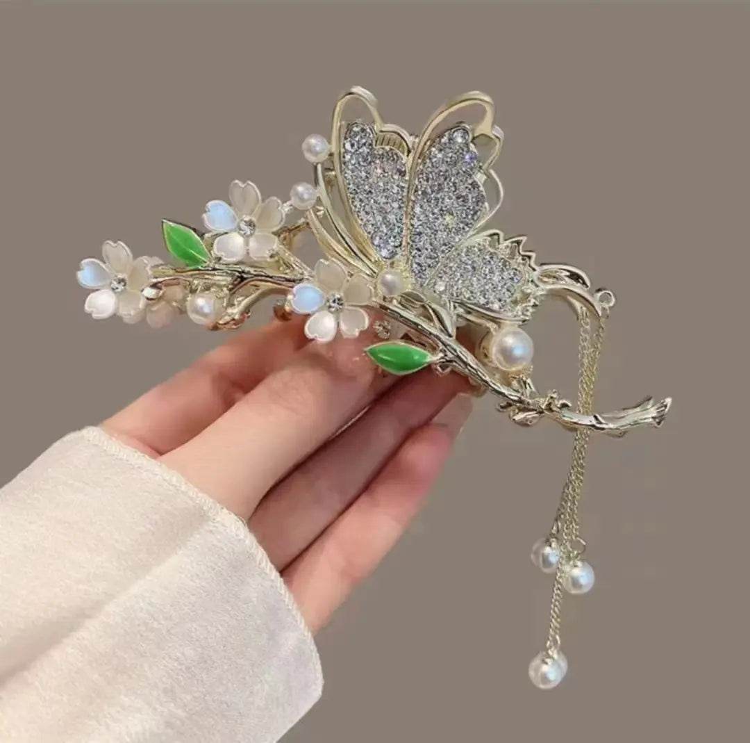 Rose Floral Butterfly Hair Claw Clip with Tassel – Chic Hair Accessory for Women - ChicstyleX