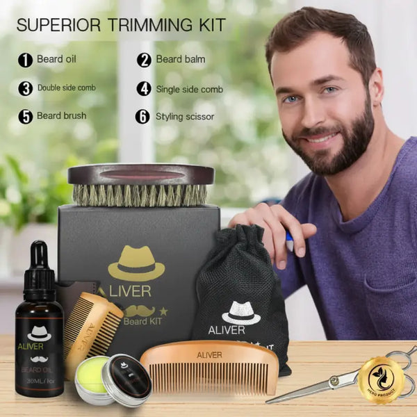 Aliver beard grooming kit with a man holding a product, set against a blurred greenery background.