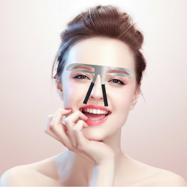 Woman with a smile, wearing a brow gel product on her face against a white background