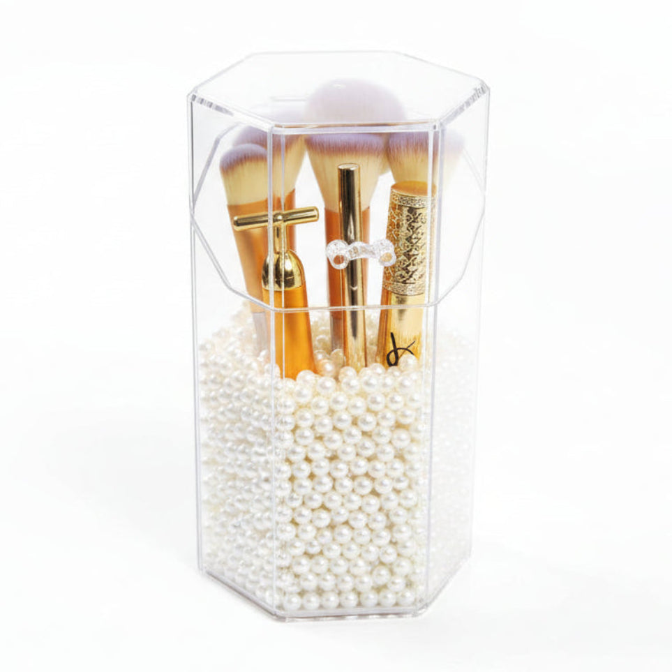 GlamLuxeX™ Transparent Acrylic Makeup Brush Storage Bucket – Dustproof Flip Cover Organizer with Colorful Pearls for Vanity & Cosmetic Brushes - ChicstyleX