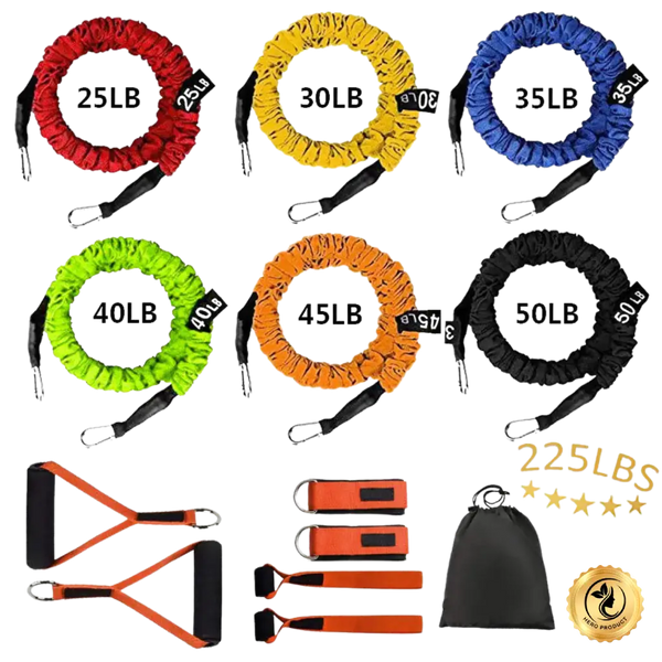 Set of resistance bands in various colors with weight labels on a white background.