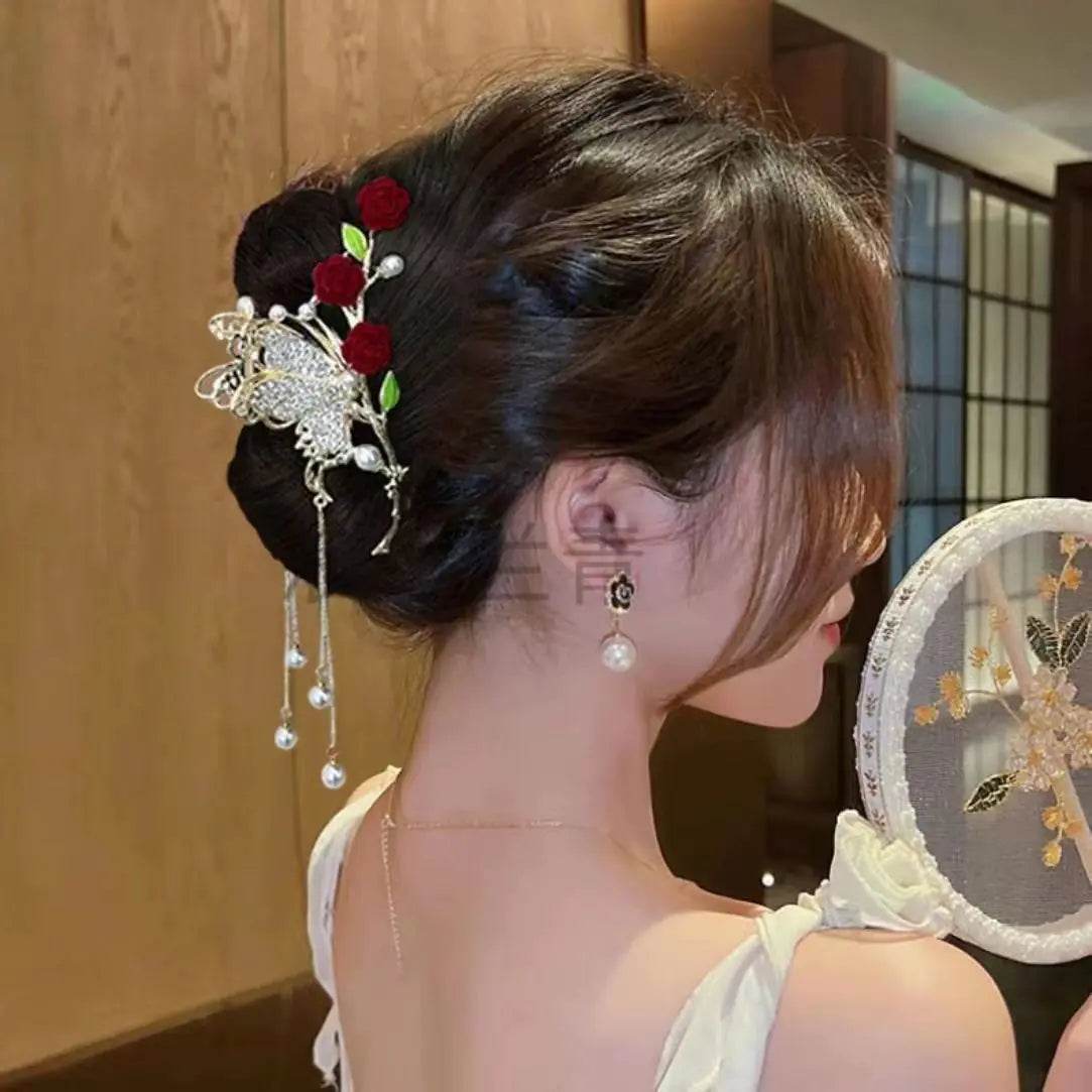 Rose Floral Butterfly Hair Claw Clip with Tassel – Chic Hair Accessory for Women - ChicstyleX