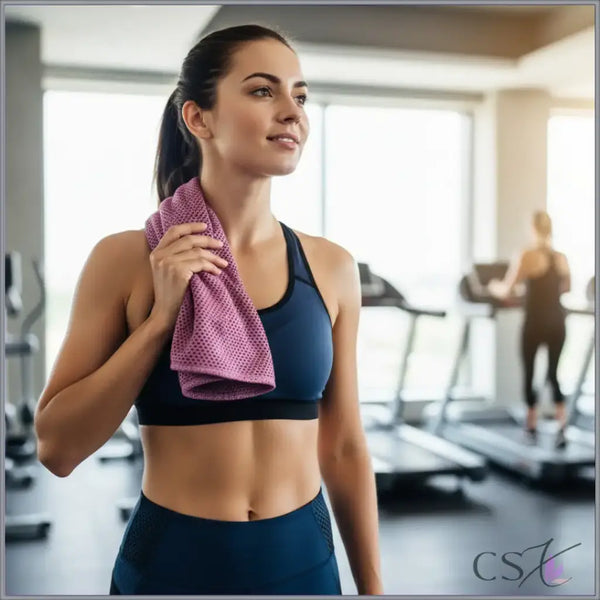 Woman in a gym holding a pink towel, with blurred background