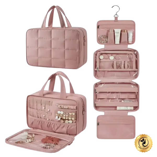 Pink travel organizer with compartments for jewelry, toiletries, and other items on a white background.