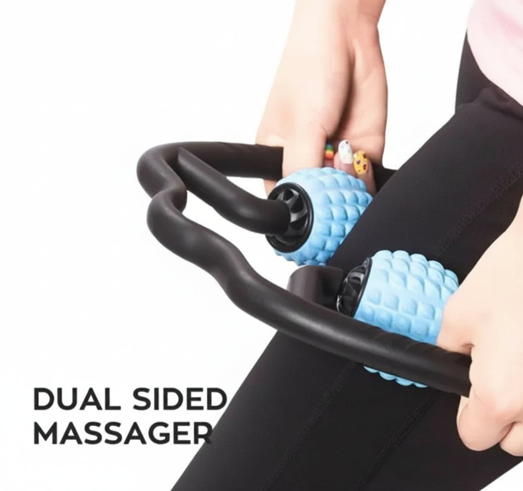 Person using a dual-sided massager with blue rollers on a pink background