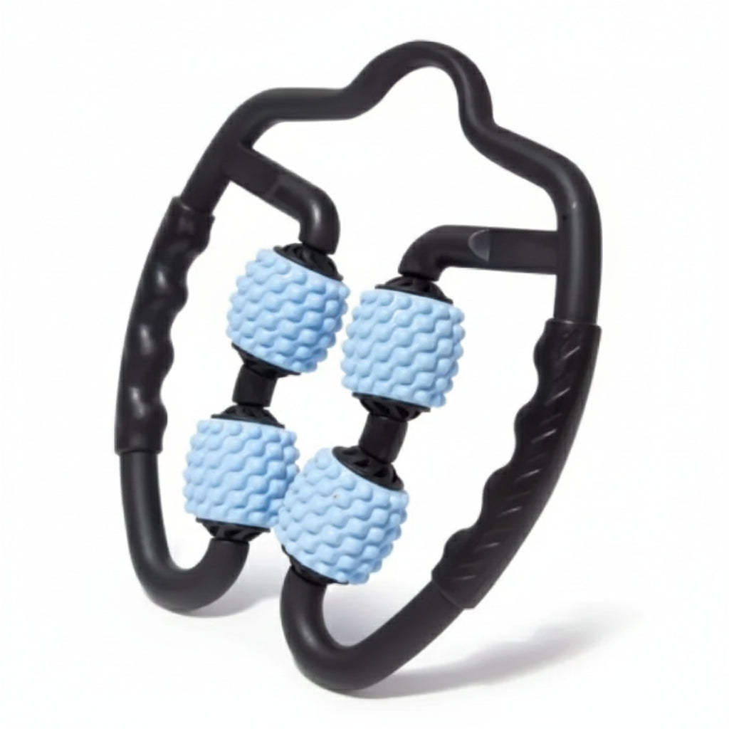 Black and blue textured handheld massager on a white background