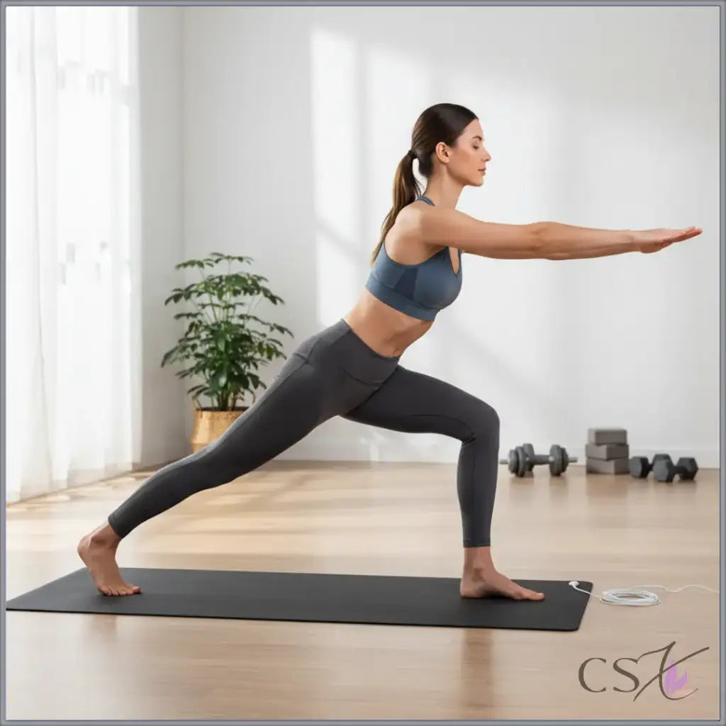 Woman practicing yoga in a studio setting with weights and a plant in the background.